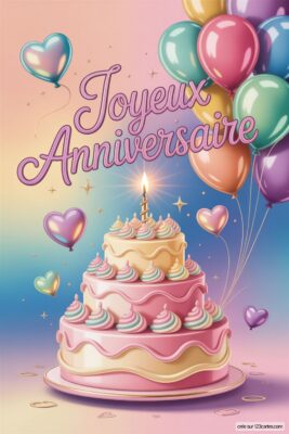 Gâteau d'anniversaire à trois étages rose et crème, bougie allumée, entouré de ballons multicolores et ballons en forme de cœur, sur fond dégradé pastel. Joyeux anniversaire femme.