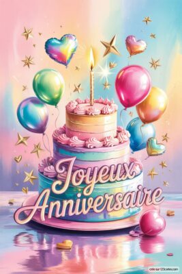 Gâteau d'anniversaire à trois étages pastel avec bougie allumée, entouré de ballons multicolores et étoiles dorées. Fond dégradé rose, bleu et jaune.
