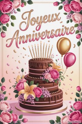 Gâteau d'anniversaire à trois étages, chocolat, décoré de fleurs roses et jaunes, bougies allumées, ballons dorés et roses, sur fond rose clair et floral. Joyeux anniversaire femme, style romantique.