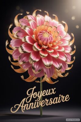 Fleur rose et dorée sur fond noir. Pétales roses et dorés, cœur orangé. Tige verte. Éléments lumineux en arrière-plan. Anniversaire femme, design floral.