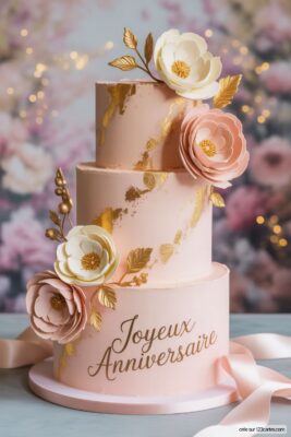 Gâteau à trois étages rose pâle, décoré de fleurs en papier et de dorures. Fond floral flou avec des lumières douces. Image joyeux anniversaire femme, style élégant et festif.