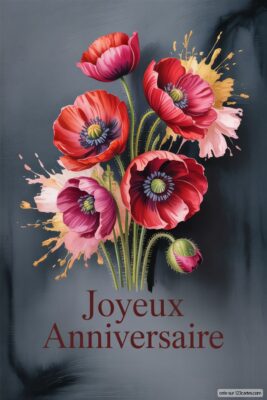 Bouquet de coquelicots rouges et roses sur fond gris foncé avec éclaboussures dorées. Fleurs de naissance pour femme. Style artistique et floral.