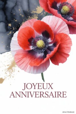 Fleurs de pavot rouge et rose sur fond blanc avec touches dorées et tâches bleu foncé. Fleurs de pavot en gros plan, style aquarelle.