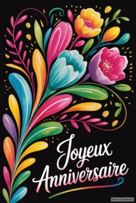 Fleurs colorées sur fond noir. Des pétales roses, bleus, jaunes et oranges s'épanouissent. Des feuilles vertes et des points dorés complètent la composition florale. Image anniversaire femme, style graphique et vibrant.