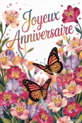 Papillons orange et noirs au-dessus de fleurs roses, violettes et jaunes. Fond blanc avec des détails floraux. Image pour femme, style floral et printanier.