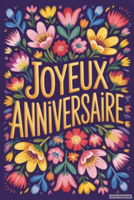 Fleurs colorées, roses, jaunes et rouges, ornent un fond violet foncé. Les fleurs entourent un texte doré. Image joyeux anniversaire femme, style floral et festif.