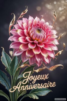 Fleur rose et dorée sur fond sombre. Pivoine rose et or avec feuilles vertes, tiges dorées et effet bokeh. Décoration florale pour souhaiter un anniversaire.