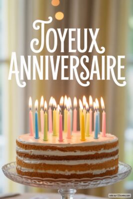 Gâteau d'anniversaire à plusieurs couches de génoise et crème, surmonté de bougies colorées allumées, sur fond flou.