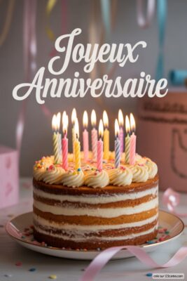 Gâteau d'anniversaire à plusieurs couches de génoise et crème, décoré de bougies allumées roses, jaunes et bleues, sur une assiette blanche avec des rubans colorés.