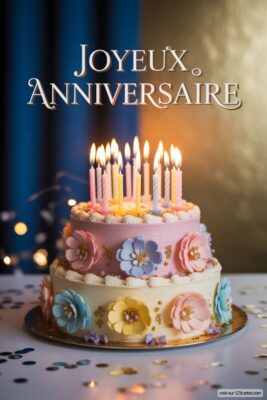 Gâteau d'anniversaire à deux étages rose et crème, décoré de fleurs pastel et de bougies allumées, sur fond flou bleu et doré.