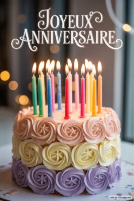 Gâteau d'anniversaire rond avec glaçage rose, jaune, et violet en forme de roses, surmonté de bougies colorées allumées.