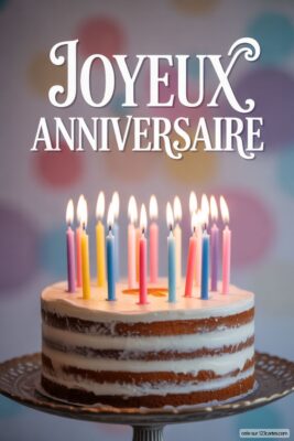 Gâteau d'anniversaire rond, glaçage blanc, bougies colorées allumées sur fond de pois pastel.