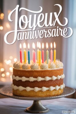 Gâteau d'anniversaire à trois couches, garni de bougies colorées allumées, sur un plat à gâteau gris, avec des lumières floues en arrière-plan.