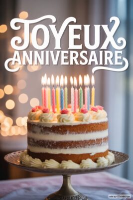 Gâteau d'anniversaire à trois couches avec glaçage blanc et bougies multicolores allumées, sur un plat à gâteau argenté, fond flou avec des lumières.