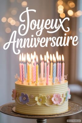 Gâteau d'anniversaire jaune pâle, décoré de fleurs pastel et perles, avec de nombreuses bougies allumées sur fond flou lumineux.