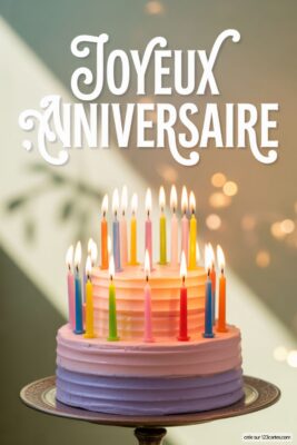 Gâteau d'anniversaire à deux étages, rose et violet, avec de nombreuses bougies colorées allumées, sur fond flou.