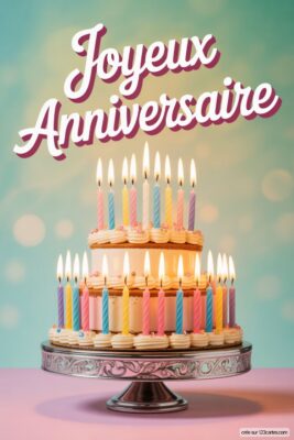 Gâteau d'anniversaire à deux étages avec de nombreuses bougies colorées allumées, sur un support argenté, fond bleu-vert et rose.