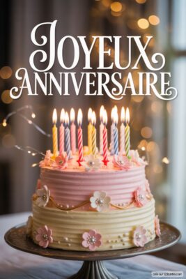 Gâteau d'anniversaire à deux étages rose et crème, décoré de fleurs et perles, avec bougies allumées, sur fond flou bokeh.