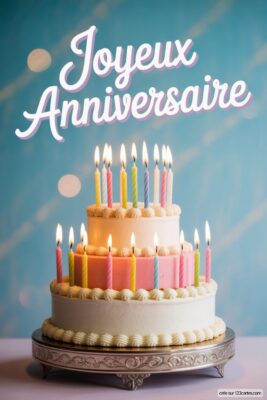 Gâteau d'anniversaire à trois étages, glaçage blanc et rose, bougies colorées allumées, sur un plat argenté, fond bleu clair.