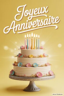 Gâteau d'anniversaire à trois étages blanc, décoré de fleurs pastel roses, bleues et jaunes, avec bougies allumées, sur fond jaune.