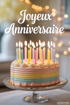 Gâteau d'anniversaire rond avec glaçage rayé rose, bleu, jaune, vert, sur un plat en verre, avec 15 bougies allumées.