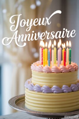 Gâteau d'anniversaire à deux étages jaune pâle sur plateau argenté, décoré de bougies colorées allumées et de glaçage rose et lavande.