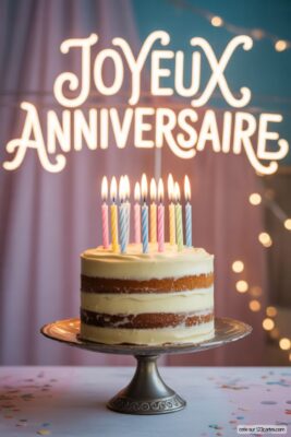 Gâteau d'anniversaire à trois couches avec glaçage blanc, bougies allumées roses, bleues, jaunes. Sur un plat argenté, fond rose et lumières chaudes.