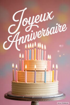 Gâteau d'anniversaire à trois étages, glaçage crème, bougies colorées allumées (roses, bleues, jaunes) sur fond rose pastel.