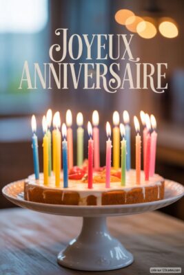 Gâteau d'anniversaire rond avec glaçage blanc, décoré de bougies allumées multicolores (bleues, jaunes, roses, vertes). Posé sur un plat à gâteau blanc en céramique, sur une table en bois marron.