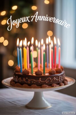 Gâteau d'anniversaire au chocolat avec glaçage, sur pied blanc, orné de bougies multicolores allumées, lumières floues en arrière-plan.