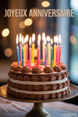 Gâteau d'anniversaire à trois étages chocolat et crème blanche, décoré de bougies colorées allumées, sur fond flou bokeh.