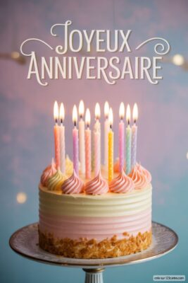 Gâteau d'anniversaire rayé rose et jaune pâle, décoré de bougies allumées multicolores et de meringues, sur fond bleu-rose flou.