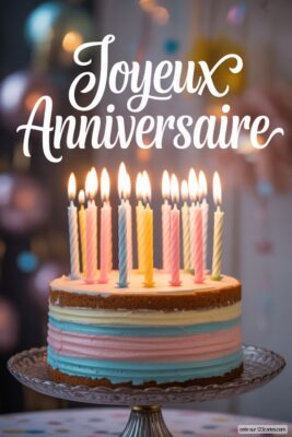 Gâteau d'anniversaire rond avec glaçage pastel bleu, rose, jaune, et bougies allumées multicolores sur un plat en verre.