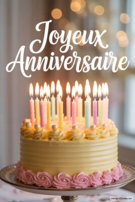 Gâteau d'anniversaire jaune pâle avec glaçage rose et bougies colorées allumées, sur fond bokeh doré.