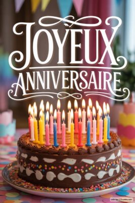 Gâteau d'anniversaire au chocolat avec glaçage, décoré de vermicelles colorés et de nombreuses bougies allumées.