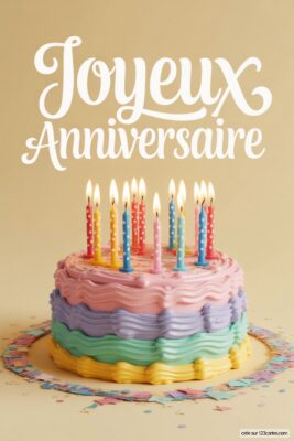 Gâteau d'anniversaire à plusieurs étages, glaçage pastel (rose, violet, bleu, vert, jaune), bougies allumées, confettis sur fond beige.