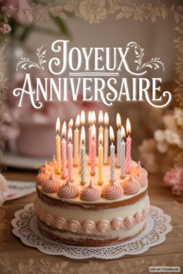 Gâteau d'anniversaire rond avec glaçage blanc et rose, bougies allumées multicolores, sur napperon en dentelle, fond flou.