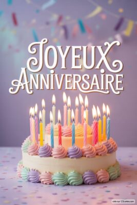 Gâteau d'anniversaire blanc avec glaçage pastel et bougies allumées multicolores sur fond violet clair parsemé de confettis.