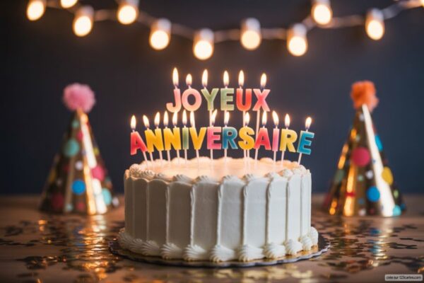 Gâteau d'anniversaire blanc décoré de bougies lettres colorées allumées, avec deux chapeaux de fête et des confettis brillants sur une table sombre.