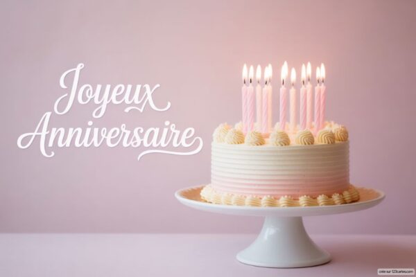 Gâteau d'anniversaire rose et blanc avec bougies allumées sur un présentoir blanc, sur fond rose pâle.