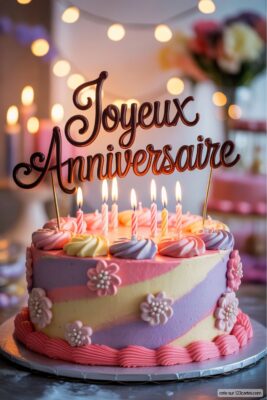 Gâteau d'anniversaire rayé rose, violet, jaune, avec fleurs et bougies allumées. Topper «Joyeux Anniversaire» marron.