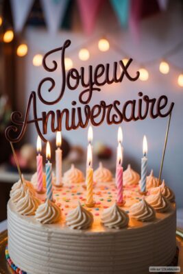 Gâteau d'anniversaire blanc avec glaçage crème, bougies allumées multicolores et topper «Joyeux Anniversaire» marron.