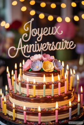 Gâteau d'anniversaire à trois étages chocolat et vanille, décoré de bougies allumées multicolores et de fleurs en sucre pastel. Topper «Joyeux Anniversaire» blanc scintillant.