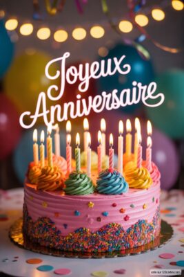 Gâteau d'anniversaire rose avec glaçage coloré et bougies allumées, sur fond de ballons. Texte blanc «Joyeux Anniversaire».