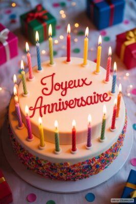 Gâteau d'anniversaire blanc à deux étages avec glaçage rouge «Joyeux Anniversaire», bougies colorées allumées et vermicelles.