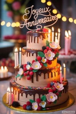Gâteau d'anniversaire à trois étages, glaçage chocolat et crème beige, décoré de fleurs roses, baies rouges et bougies allumées. Topper «Joyeux Anniversaire».