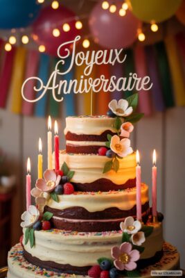 Gâteau d'anniversaire à plusieurs étages chocolat et crème blanche, décoré de bougies allumées, baies et fleurs roses, sur fond de guirlande lumineuse et ballons colorés, avec écrit «Joyeux Anniversaire».