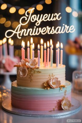 Gâteau d'anniversaire à deux étages, pastel rose, bleu et crème, avec bougies allumées et décorations florales dorées. Topper «Joyeux Anniversaire» blanc.