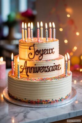 Gâteau d'anniversaire à trois étages, crème claire, décoré de vermicelles colorés et bougies allumées. Texte «Joyeux Anniversaire» en chocolat.
