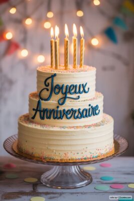 Gâteau à trois étages crème sur fond flou avec guirlande lumineuse, bougies dorées allumées et écrit «Joyeux Anniversaire» en bleu.